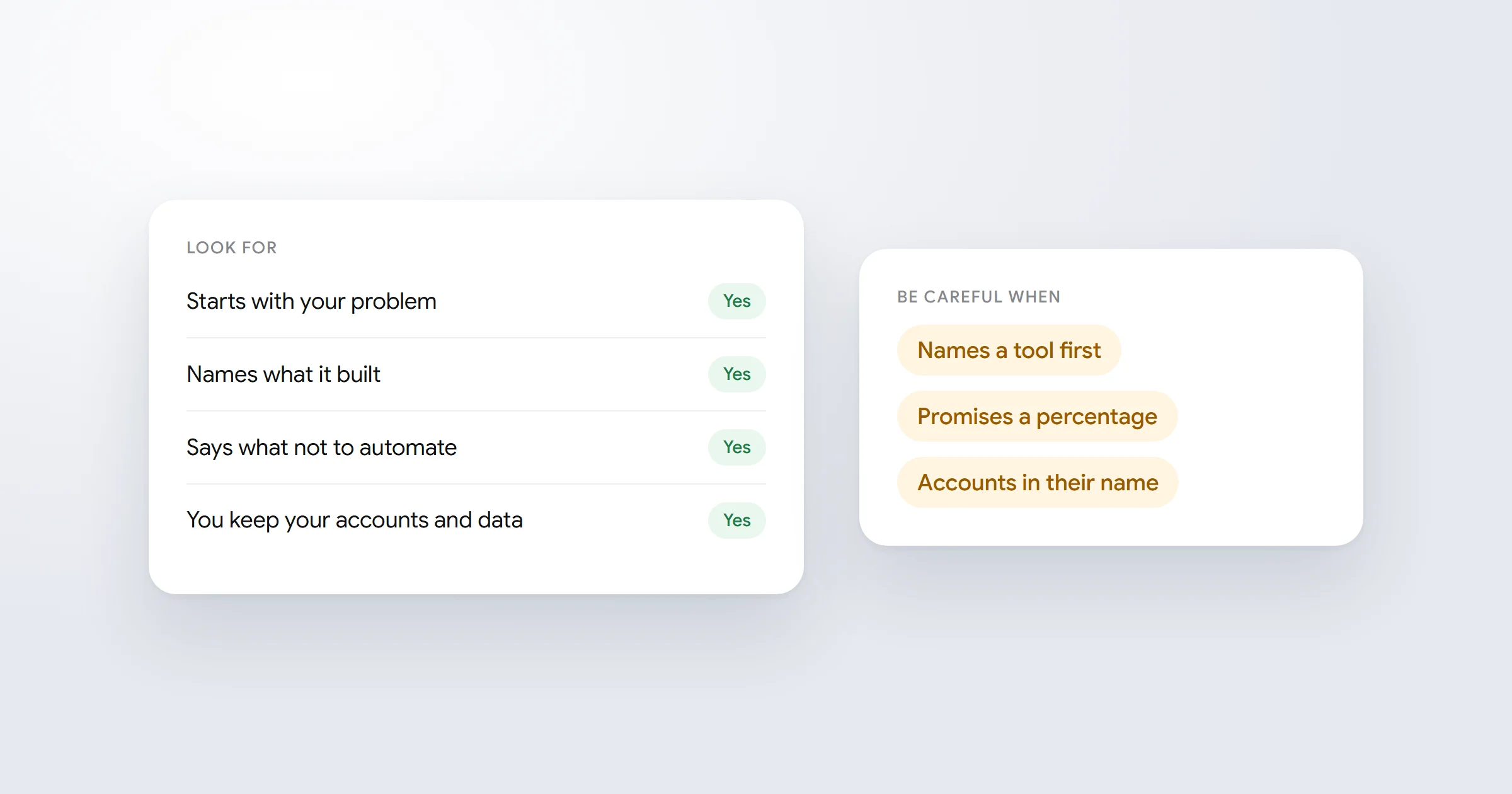 A checklist of what to look for in an AI automation consultant, next to the things to be careful about