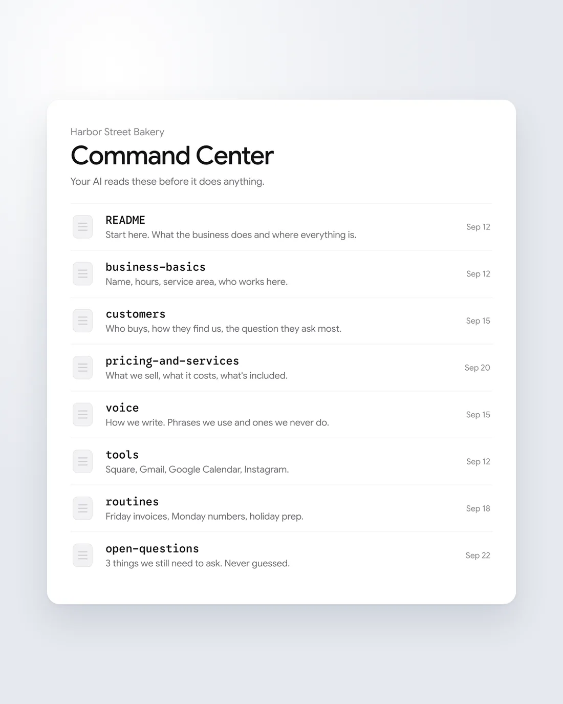 A Command Center with short pages for customers, pricing, voice, tools, routines, and open questions